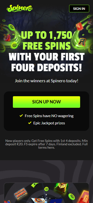 Spinero Casino mobilapp skärmdump